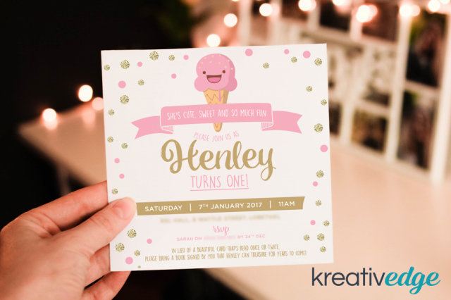 Pink and Gold Ice Cream Invitation for Henley's 1st Birthday